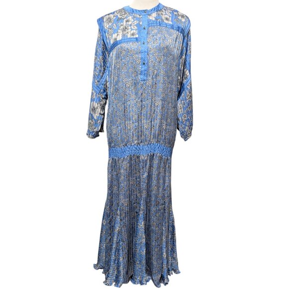 Diane Fries Vintage Women Sz M/L Georgette Blue Floral Godet Hem Midi Dress Flaw - Picture 2 of 12